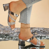 Luxury Golden Thick Heels Sandals Women Crystal Woven Strap High Heel Party Shoes Woman Plus Size 42 Square Toe Summer Sandles