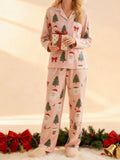 Women's 2025 Christmas Pajama Set Long Sleeve Lapel Santa Claus Christmas Tree Print Shirt Pants Two Pieces Sleepwear