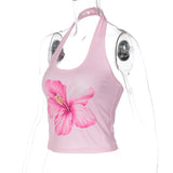 FDYOUI 2026 Summer Flower Print Pink Tank Tops for Women Casual Sexy Backless Crop Top Girls Sleeveless T-shirt Y2K Streetwear