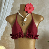 With Skirt Ruffled Frilled Halter Bikini Female Swimsuit Women Swimwear Three-pieces Bikini set Bather Bathing Suit Swim V7788