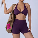 2PCS Nude Sexy Yoga Set Halter Neck Sports Bra And Shorts Breathable Fitness Training Underwear Slimming Beautiful Back Design