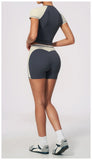 Summer New Yoga Sets Women Breathable Contrasting Color Short Sleeve Slim Sports T Shirts Training Running Shorts Fitness Suit