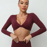 Long Sleeve Gym Crop Tops for Women Twist Deep V Workout Quick Dry Padded Sports Fitness Yoga T-Shirt
