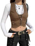 Women Vest Sleeveless V Neck Button Down Tank Tops Gilet with Pockets for Casual Street Gothic