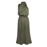 Foridol One Shoulder Turtleneck Tank Satin Women Party Dress Robe Zip Sleeveless Elegant Vintage Folds Women Clothing 2025
