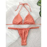 Wrinkled High Cut Mini Micro Thong Bikini Women Swimwear Female Swimsuit Two-pieces Bikini Set Halter Bather Bathing Suit Swim
