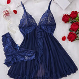 Blue Contrast Lace Ruffle Trim Lingerie Set Women's Nightdress See Through Deep V Mini Dress and Thong Nightgowns Underwear