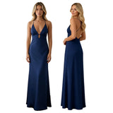 Summer Women's Satin Long Dress Spaghetti Strap Sleeveless V Neck Cutout Slim Fit Elegant Dress for Party Evening Solid Color