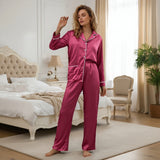 Women's Satin Two Pieces Pajama Sets Fashionable Contrast Color Trim Long Sleeve Button Down Tops with Pants Soft Sleepwear