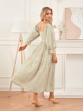 Women Spring Fall Long Dress Long Sleeve Dress Square Neck Embroidery Flower Loose Swing Dress Wit Pocket
