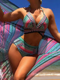 2026 Summer Women's 3 Pieces Swimsuit Crochet Bikini Set+Cover-Up Long Shawl Sun-proof Twist Swimwear Push Up High Waist Bikinis