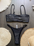 Black rhinestone process bikini sexy thong split swimsuit 2-piece beach set