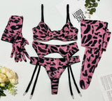Toucheart Erotic Lingerie Leopard Print 5-piece Set with Gloves and Stockings Tie-dye Printed Sexy Hot Lingerie Suit for Women