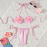 S - XL New Shiny 3D Flowers Halter Bikini Female Swimsuit Women Swimwear Two-Pieces Bikini Set Bather Bathing Suit Swim V7703