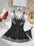 Contrast Black Lingerie Women Underwear Sleepwear Lace Nightdress And Thongs Pijamas Sets Female Nighty