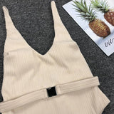 V Neck Ribbed High Leg Cut Women Swimwear One Piece Swimsuit Female Backless Monokini Bather Waist Belt Bathing Suit Swimwear