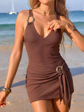 Vintage Coffee Black Skirt One Piece Swimsuit 2026 Women Metal Chain Strap V Neck Tummy Control Bathing Suit Holiday Swimwear