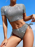 Shiny Sequins Short Sleeve Bikini Women Swimsuit Female Swimwear Two Pieces Bikini Set Cross Backless Bather Bathing Suit Swim