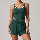 Women's New Summer Yoga Sets Color Blocked Double Strap Workout Tank Top Fitness Suit Drawstring High Waist Short Sport Set