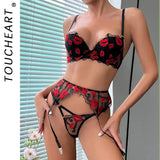 Toucheart Sexy Bra Lingerie 2-piece Set Mesh Transparent Bodysuit Heart Embroidery Lace Hollow Underwear Sexy Bras Body Femme
