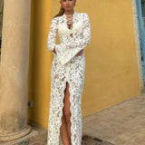 Woman Dress Clothing V-neck White Lace Dress 2025 Vestidos Para Mujer Fall Lace-up High Slit Slim Long  Evening Party Dresses