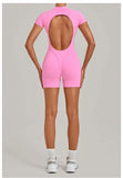 Half-zipper Slimming Yoga Jumpsuit Women Hollow Out Backless Sports One Piece Suits Short Sleeve Butt Lifting Tight Overalls