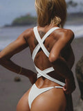Splicing V Neck Cross Backless Women Thong Swimwear One Piece Swimsuit Female Monokini High Leg Cut Bathing Suit Swim Beach Wear