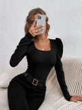 Phantasy New Y2k Tops Fashion Square Collar Slim Leg Sleeve Knitted Bubble Long Sleeve T-shirt Casual Style Vintage Clothing