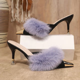 Women's Plush Mules High Heels  Metal Decoration, Pointed Toe Stiletto Sandals, Patent Leather Slippers, Fur Decoration, Sexy