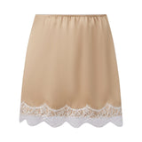 Women Summer Solid Color Satin Skirt Low Elastic Waist Lace Patchwork Hem Casual Loose Going Out Mini Skirts