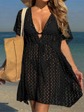 2025 V Neck Short Sleeve Hollow Out Knitted Tunic Beach Cover Up Cover-ups Beach Dress Beach Wear Beachwear Female Women K6535