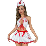 Women Sexy Cosplay Lingerie Naughty Nurse Uniform Exotic Costume Halter Cami Top & Bow Skirt & Thongs & Headwear Underwear