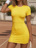 Retro Polka Dot Sports Tennis Dresses Women Quick Drying Round Neck Short Sleeve Back Hollow Cross Slim Yoga Golf Fitness Dress