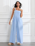 Women Fashion Jumpsuits Sleeveless Buttons Suspender Wide Leg Pant Overalls with Pockets Casual Loose Romper Streetwear