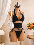 Sexy Pink Plaid Print Bikini Set 2026 Women Bandage Cross Fishbone Top 3 Piece Swimsuit Summer Bathing Suit Holiday Swimwear