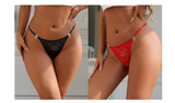 Black Lace Mesh Panty for Women See Through Adjustable Waistband Rhinestone Bow Decorative Buttons Plus Size Thong Underwear