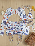 Long Sleeve Printed Halter Bikini Female Swimsuit Women Swimwear Four-pieces Bikini Set with Mesh Skirt Bathing Suit Beach Wear