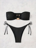 ZTVitality Sexy Bandeau Rib Knit Tie Side Black Bikini Set 2024 Biquini New Arrival Padded Strapless Swimsuit Women's Swimwear