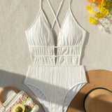 Sexy Ribbed Swimsuit One Piece Deep V-neck Bikinis Bodysuit Back Tie Swimwear High Waist Bathing Suit Beachwear Biquini Tankini