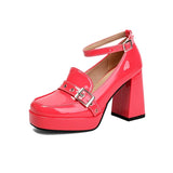 Plus Size Smooth Patent Leather Instep Metal Belt Square Buckle Platform High Thick Heel Ankle Buckle Sweet Lolita High Heels