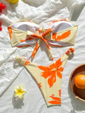Floral Printed Wrinkled Bandeau Bikini Female Swimsuit Women Swimwear Two-pieces Bikini Set High Cut Bather Bathing Suit Swim