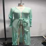 See-through Women Bath Party Dress Mesh Fluffy Sleeve Pleated Lace-up Bow Waist Wedding Night Honeymoon Bathrobe Nightdress