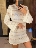 S - XL Long Sleeve Hollow Out Crochet Knitted Tunic Beach Cover Up Cover-ups Beach Dress Beach Wear Beachwear Female Women K5542