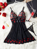 Hot Red Lips Lace Contrasting Sexy Babydoll Dress Mesh Slimming Erotic Lingerie With Thongs Sex Night Costumes