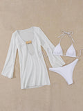 sexy white plain micro bikinis sets 3pcs with hollow out mesh long sleeve deep v-neck mini dress swimsuits bathing suit biquini