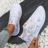 2025 Fashion Crystal Platform Sneakers Women Plus Size Slip On Flowers Printed Flats Woman Breathable Soft Sole Wakling Shoes