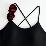 sexy 3D flower back tie swimsuit one piece bikini thong swimwear bodysuits women biquini bathing suits solid black color