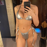 3 Colors New PU Faux Leather Halter Bikini Women Swimwear Female Swimsuit Bather Bathing Suit Swim Two-Pieces Bikini Set V6492B