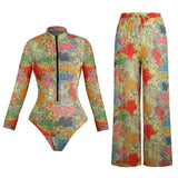 2026 Vintage Mesh UPF35 Sheer Rash Guard One Piece Swimsuit With Pants Women Sexy Sun Protection Swimwear Beachwear Купальник