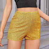 Women Shorts Shiny Sequin High Elastic Waist Straight Slim Fit Soft Breathable Above Knee Length Club Party Beach Mini Shorts